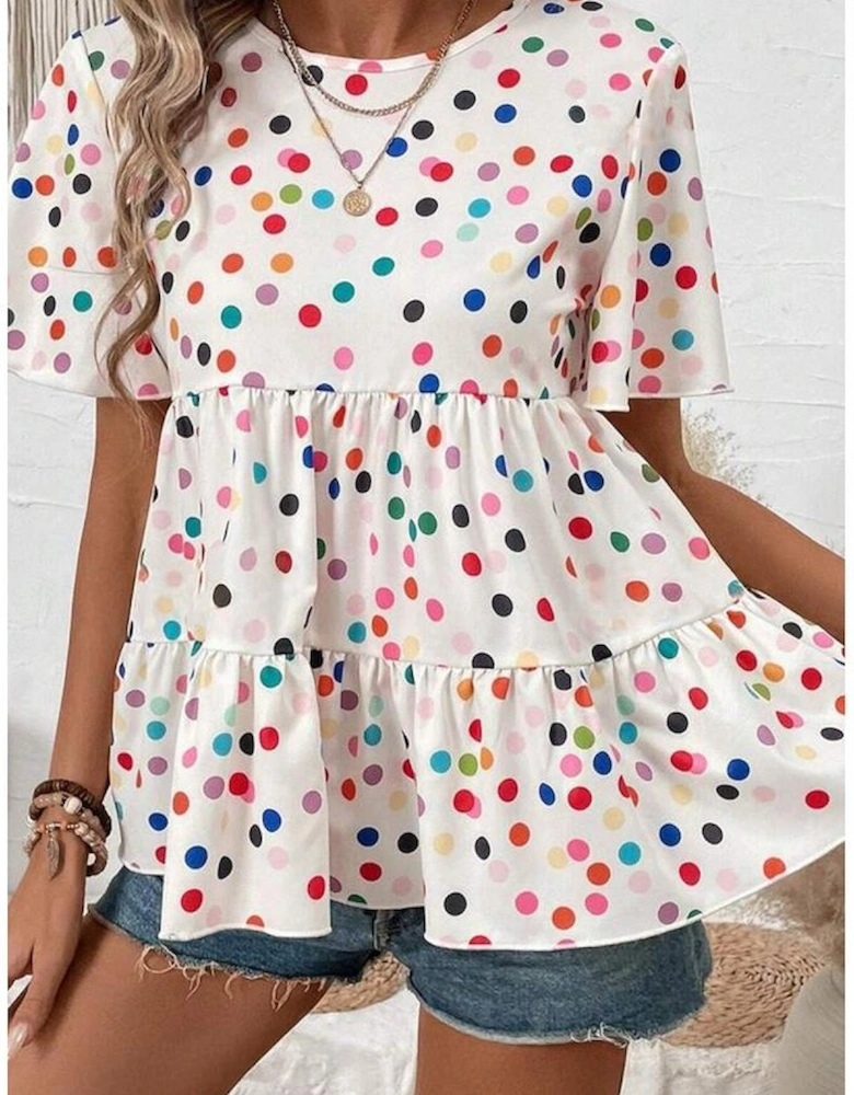 White Colorful Polka Dot Short Sleeve Tiered Ruffled Babydoll Blouse