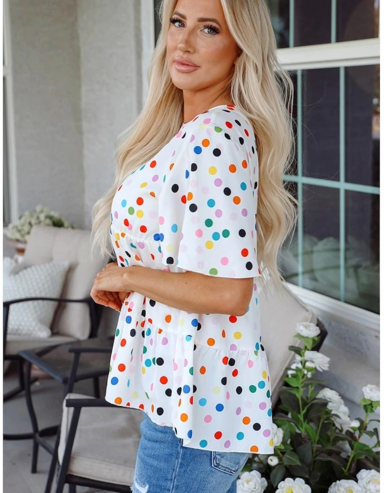 White Colorful Polka Dot Short Sleeve Tiered Ruffled Babydoll Blouse