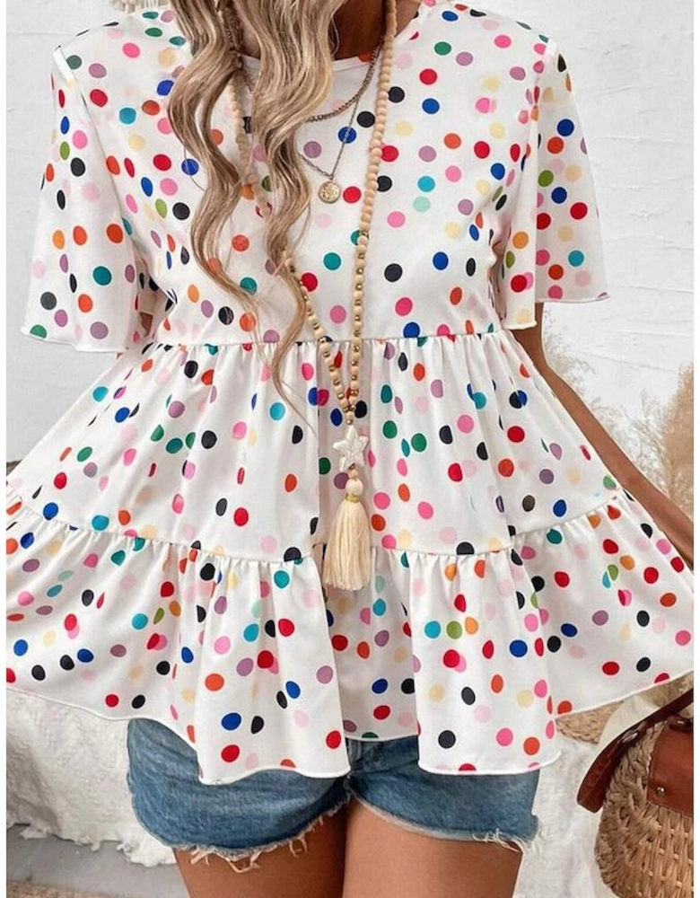 White Colorful Polka Dot Short Sleeve Tiered Ruffled Babydoll Blouse