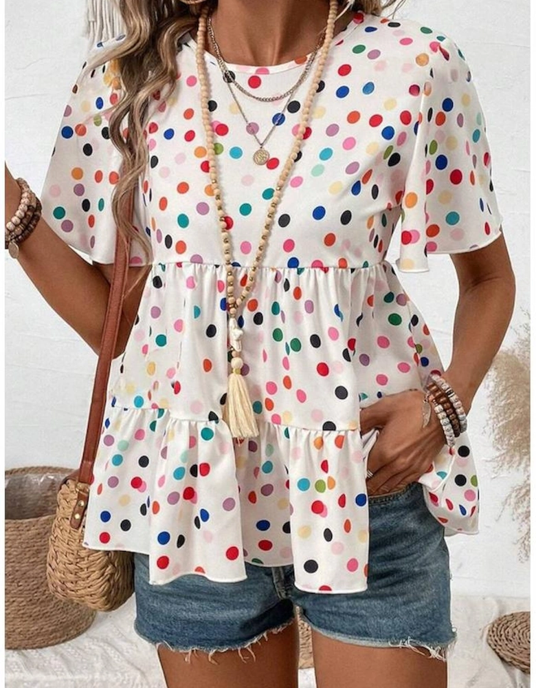 White Colorful Polka Dot Short Sleeve Tiered Ruffled Babydoll Blouse