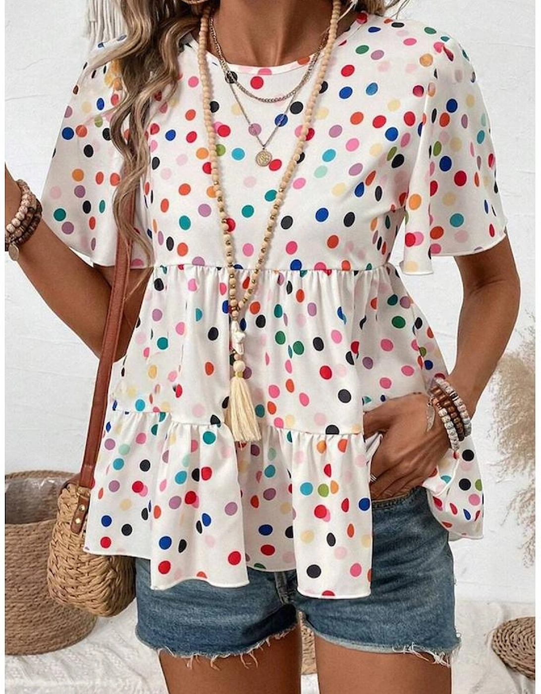 White Colorful Polka Dot Short Sleeve Tiered Ruffled Babydoll Blouse