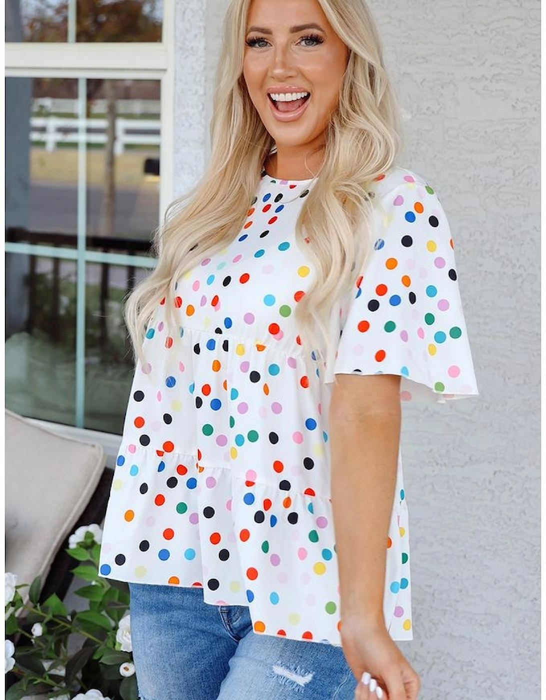 White Colorful Polka Dot Short Sleeve Tiered Ruffled Babydoll Blouse