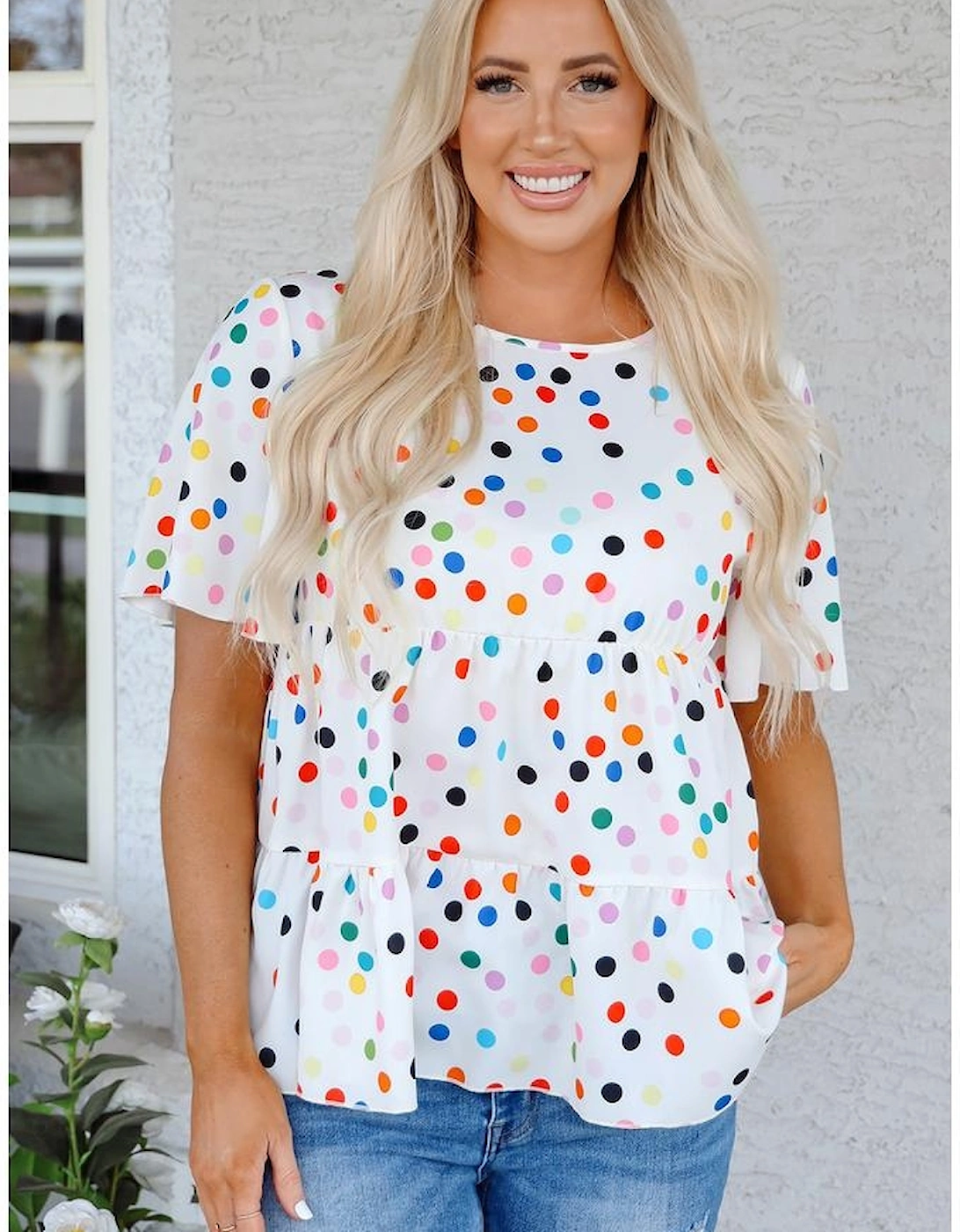 White Colorful Polka Dot Short Sleeve Tiered Ruffled Babydoll Blouse