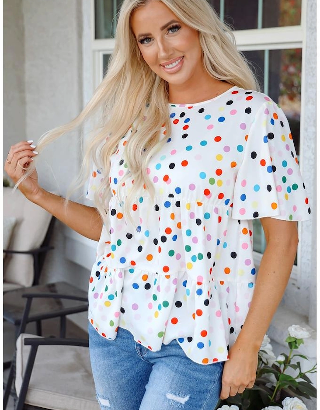 White Colorful Polka Dot Short Sleeve Tiered Ruffled Babydoll Blouse