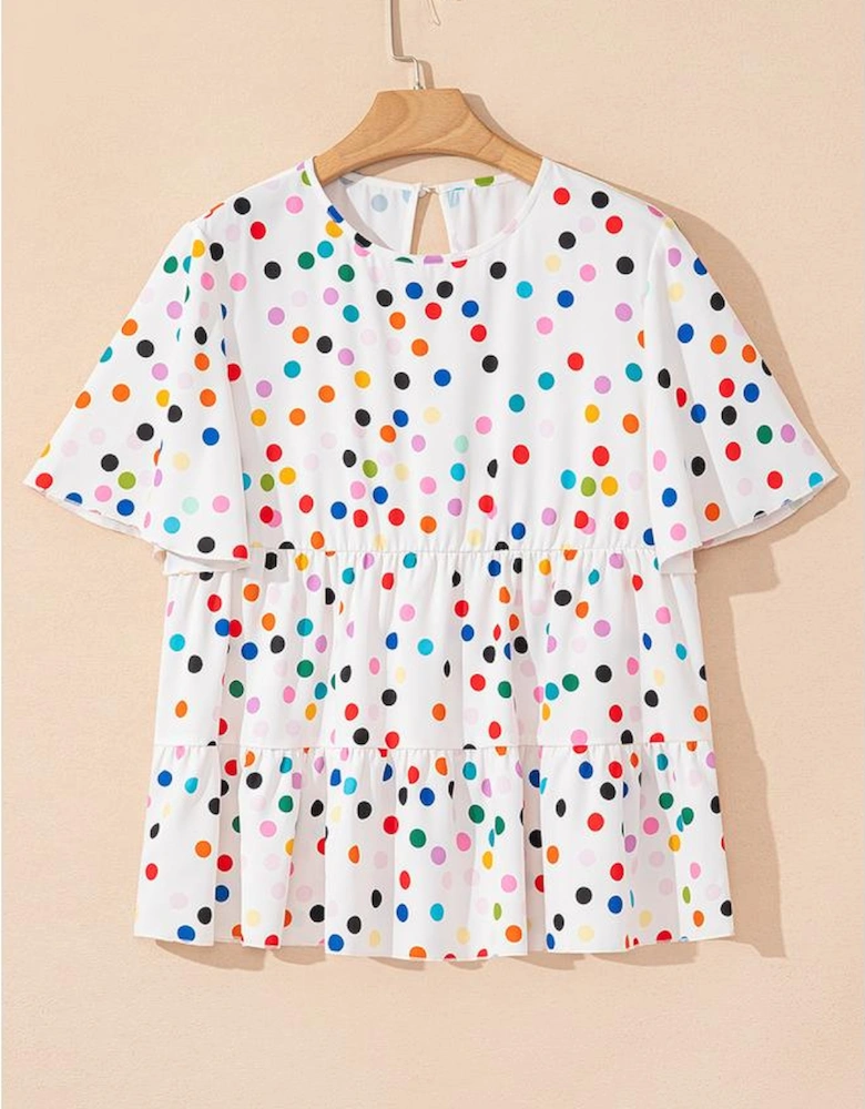 White Colorful Polka Dot Short Sleeve Tiered Ruffled Babydoll Blouse