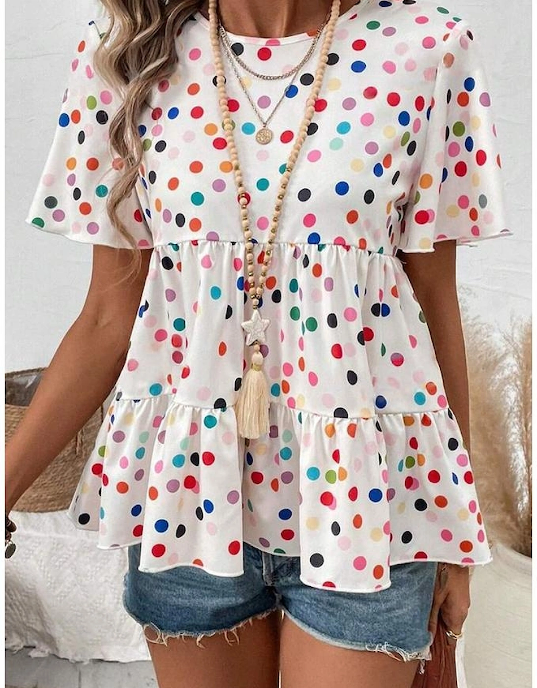 White Colorful Polka Dot Short Sleeve Tiered Ruffled Babydoll Blouse