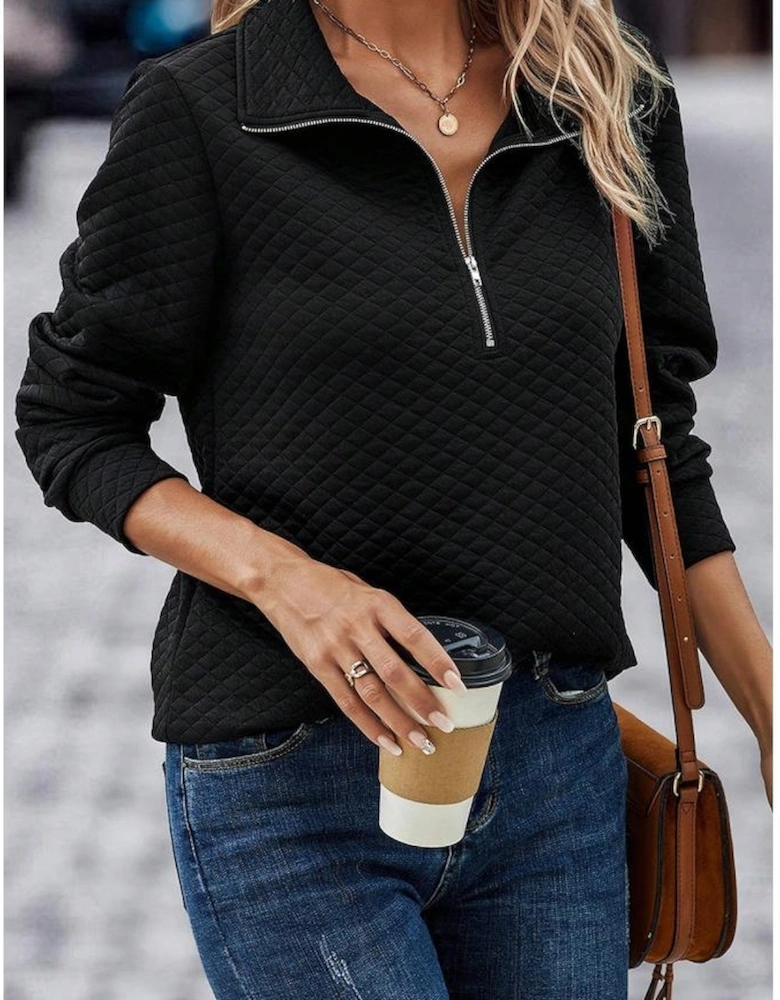 Black Solid Half Zipper Quilted Pullover Sweatshirt