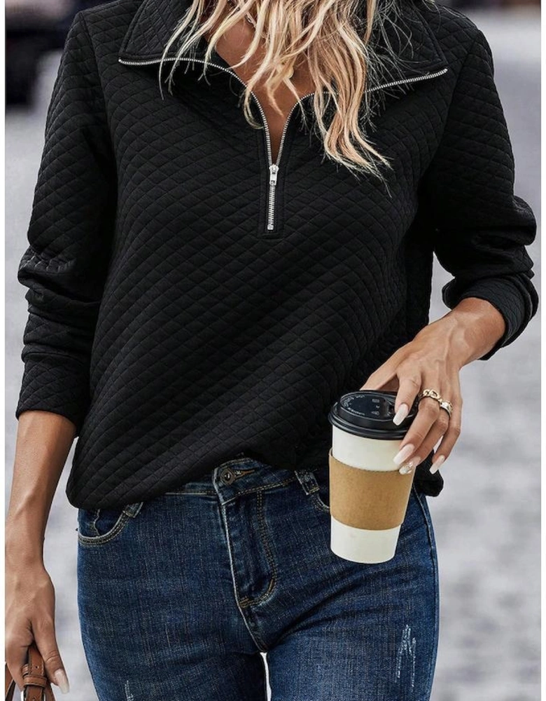 Black Solid Half Zipper Quilted Pullover Sweatshirt