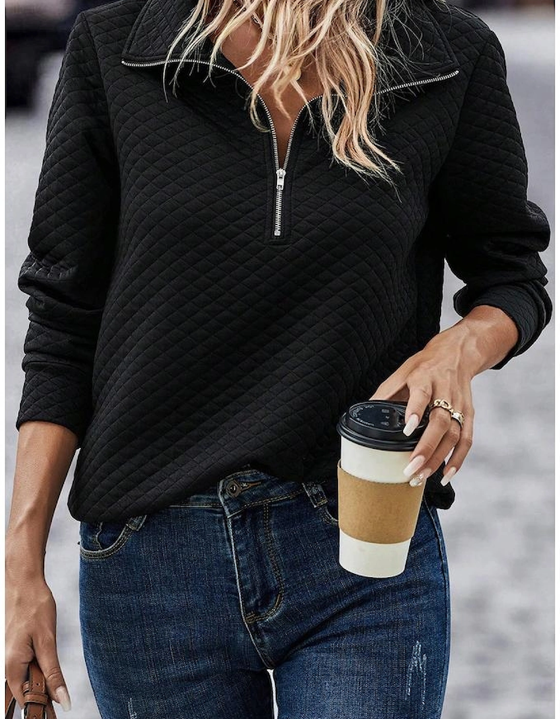 Black Solid Half Zipper Quilted Pullover Sweatshirt