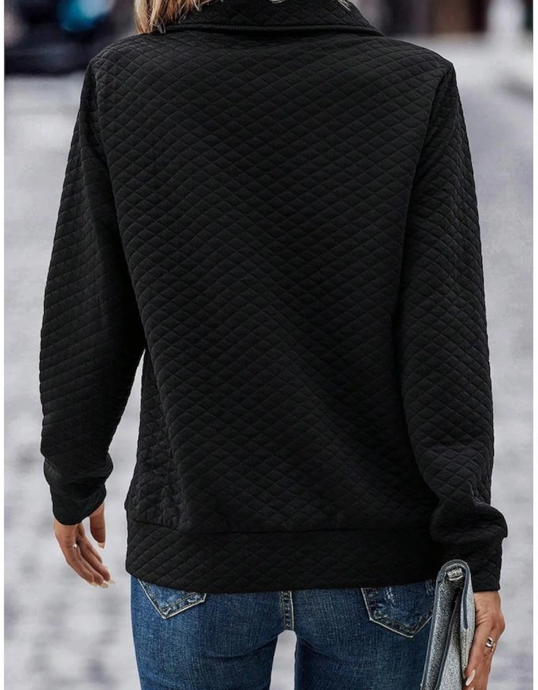 Black Solid Half Zipper Quilted Pullover Sweatshirt