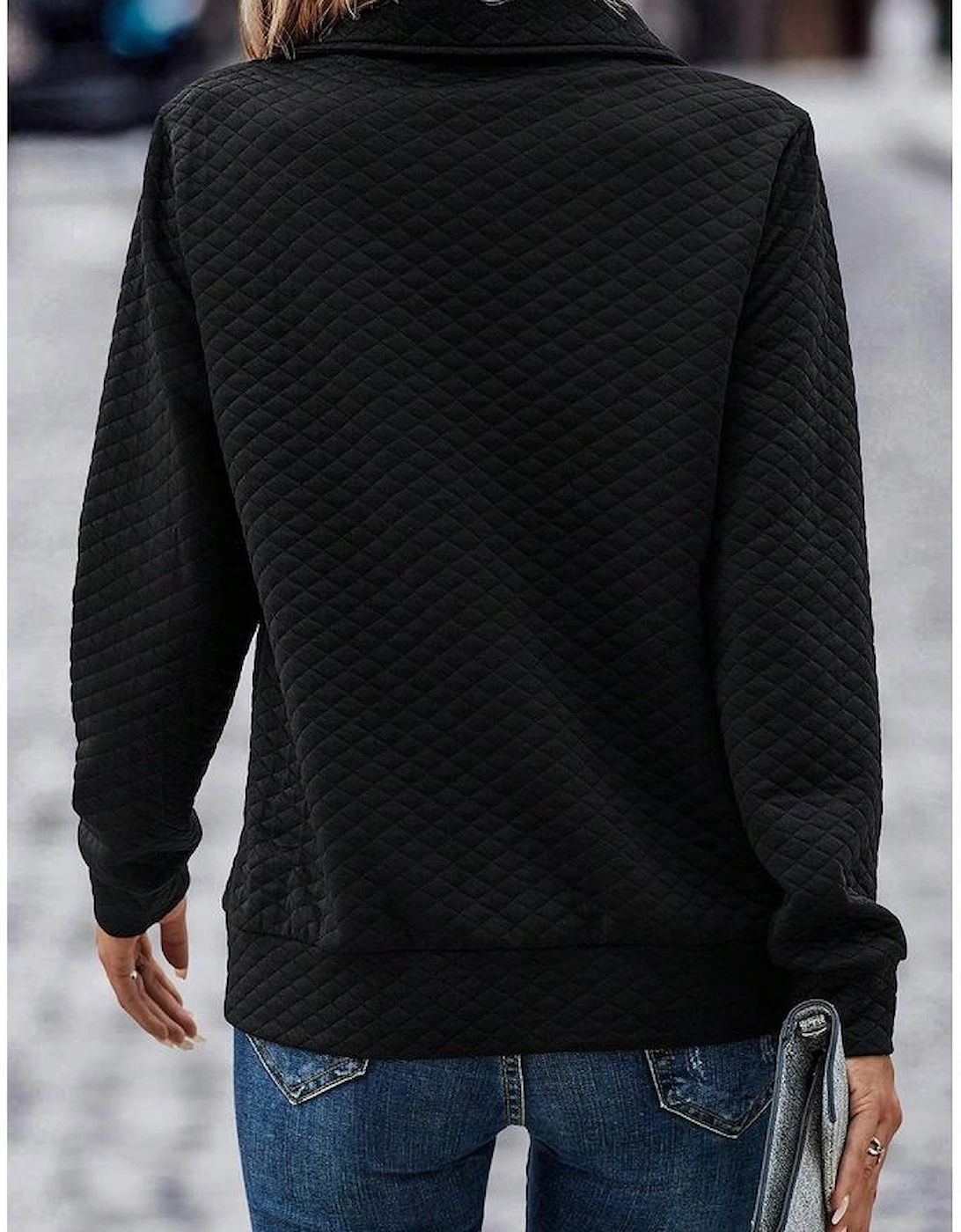 Black Solid Half Zipper Quilted Pullover Sweatshirt