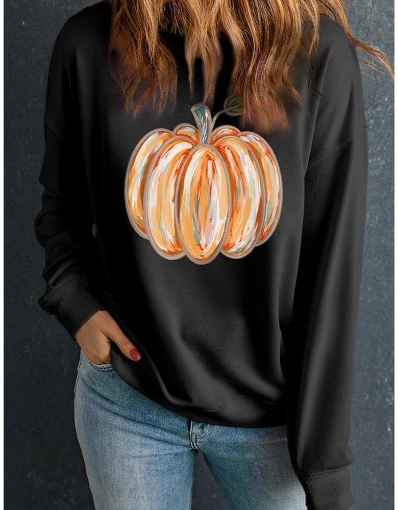 Black Thanksgiving Pumpkin Graphic Drop Shoulder Sweatshirt