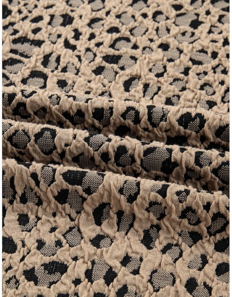 Khaki Leopard Textured Ribbed Trim Plus Size Long Sleeve Top