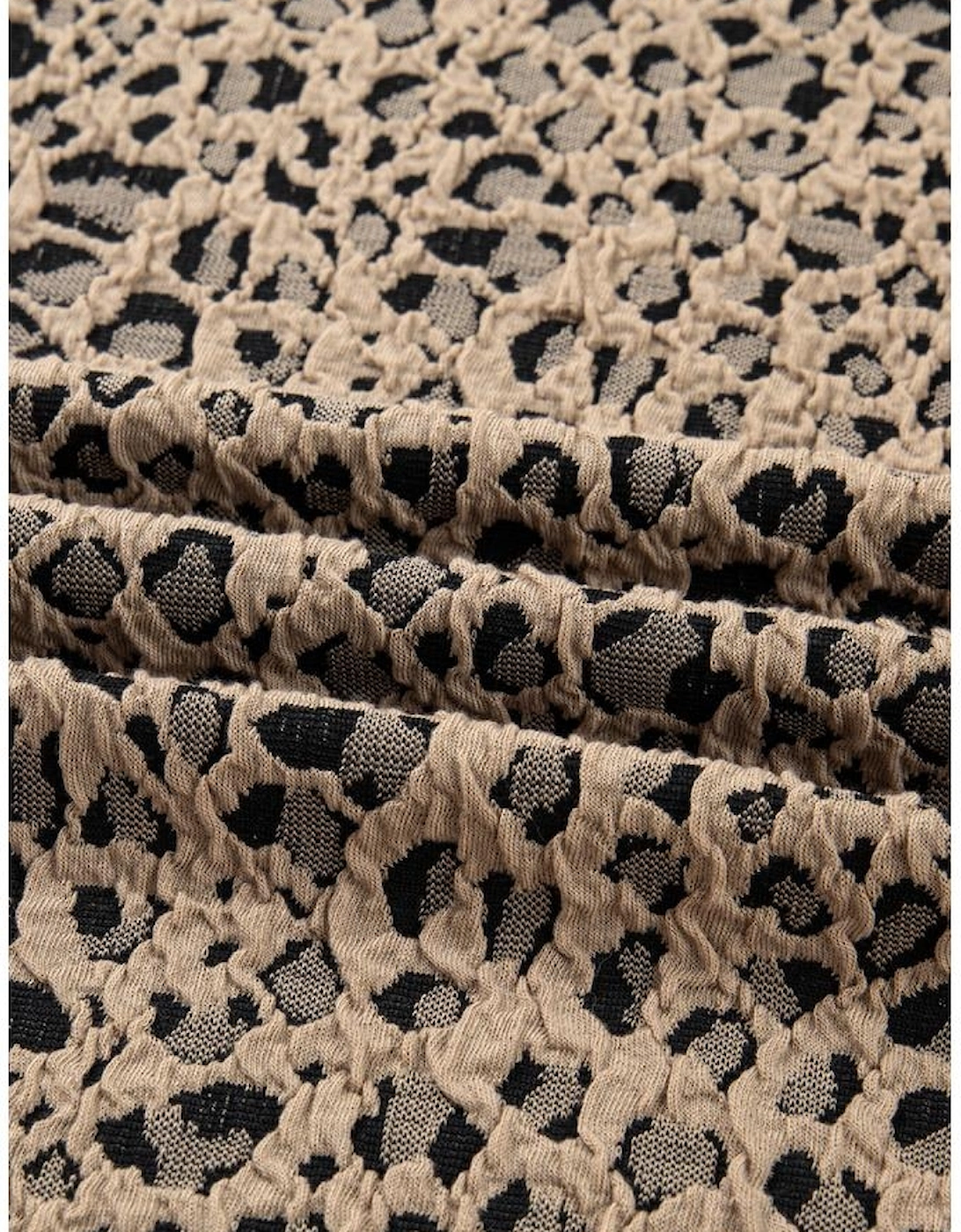 Khaki Leopard Textured Ribbed Trim Plus Size Long Sleeve Top