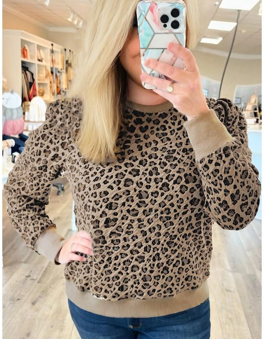 Khaki Leopard Textured Ribbed Trim Plus Size Long Sleeve Top, 10 of 9