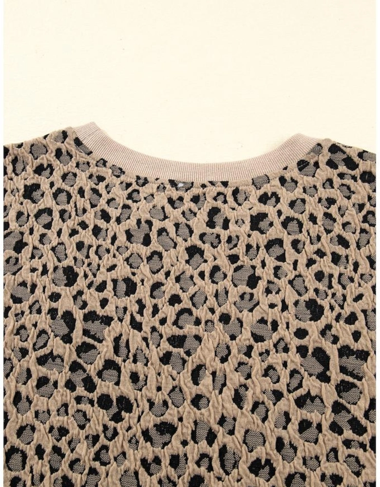 Khaki Leopard Textured Ribbed Trim Plus Size Long Sleeve Top