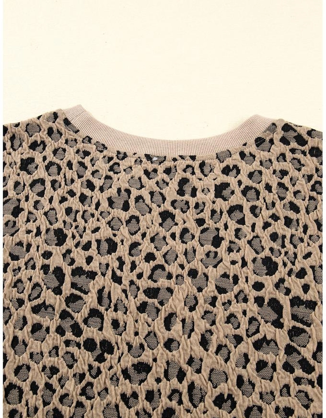 Khaki Leopard Textured Ribbed Trim Plus Size Long Sleeve Top