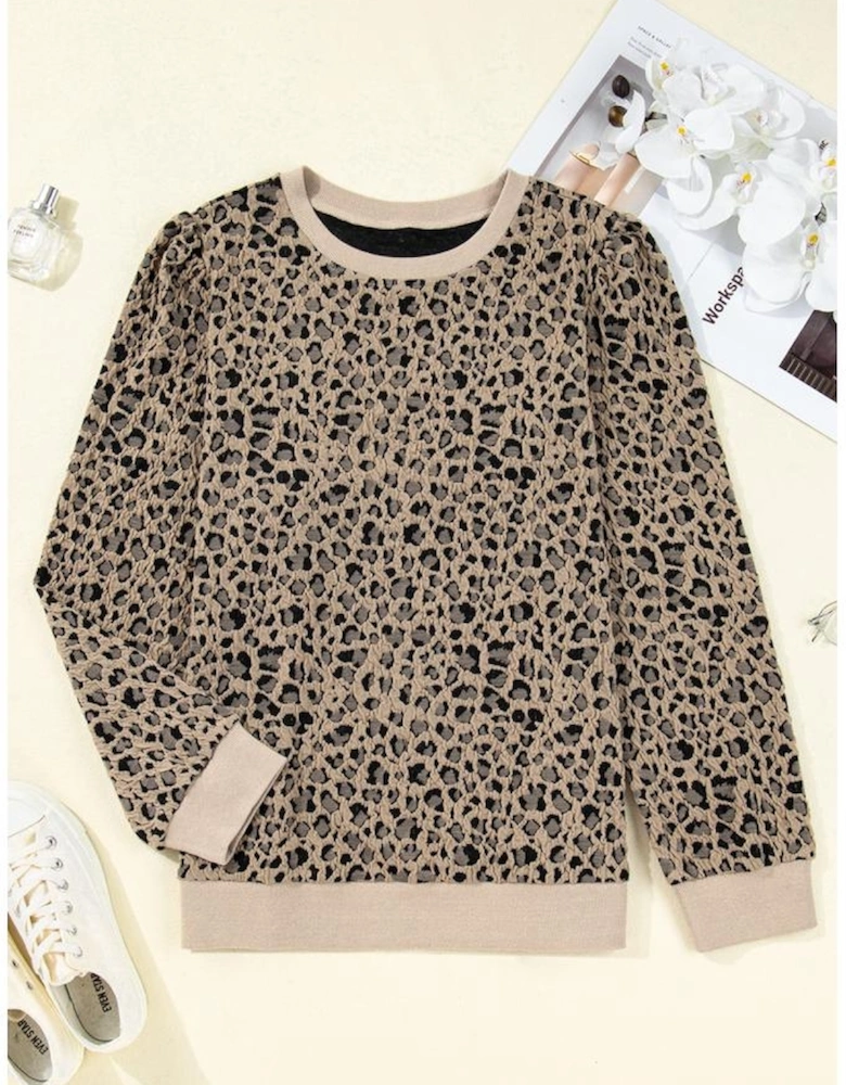 Khaki Leopard Textured Ribbed Trim Plus Size Long Sleeve Top