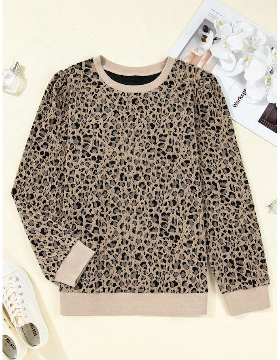 Khaki Leopard Textured Ribbed Trim Plus Size Long Sleeve Top