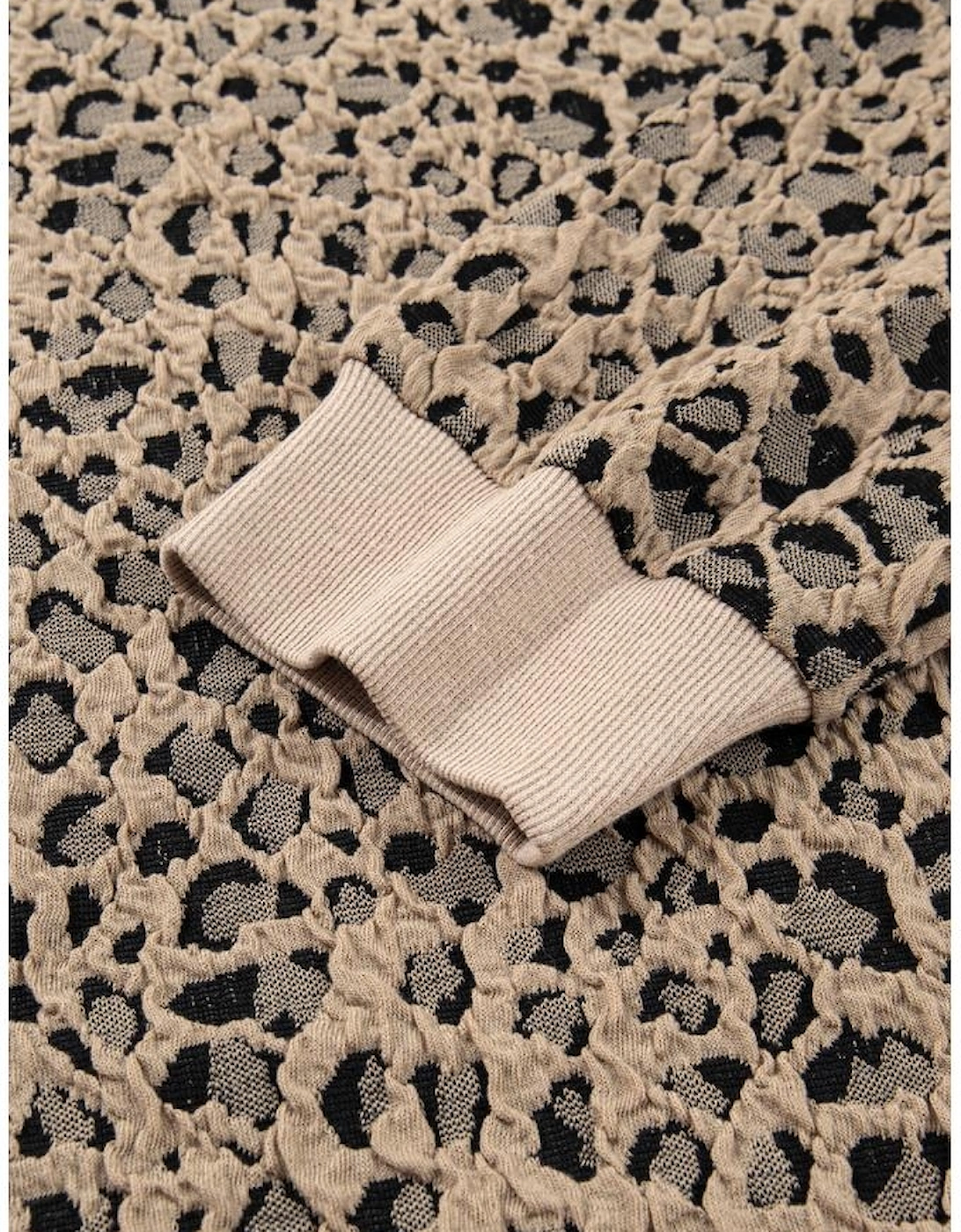 Khaki Leopard Textured Ribbed Trim Plus Size Long Sleeve Top