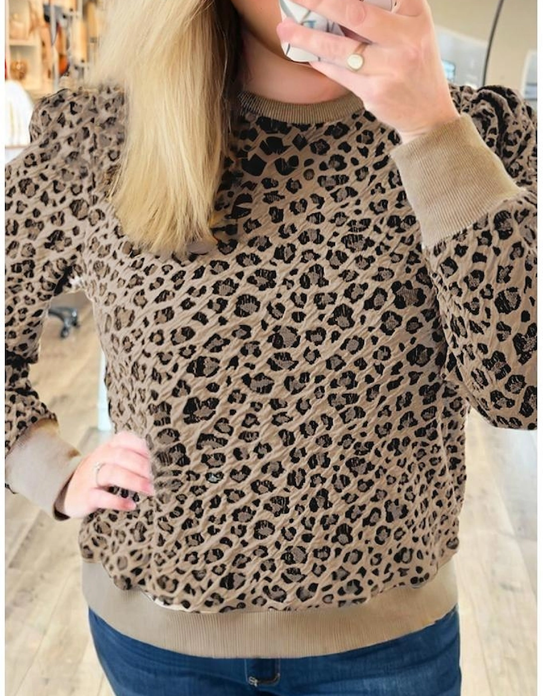 Khaki Leopard Textured Ribbed Trim Plus Size Long Sleeve Top
