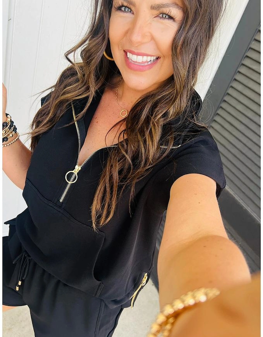 Black Textured Half Zip Kangaroo Pocket Top Drawstring Shorts Set, 16 of 15