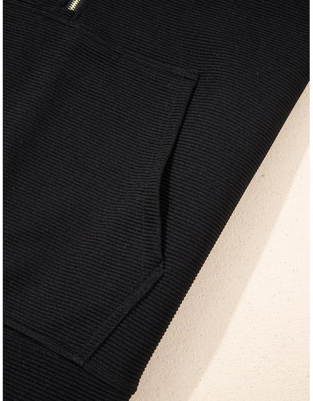 Black Textured Half Zip Kangaroo Pocket Top Drawstring Shorts Set