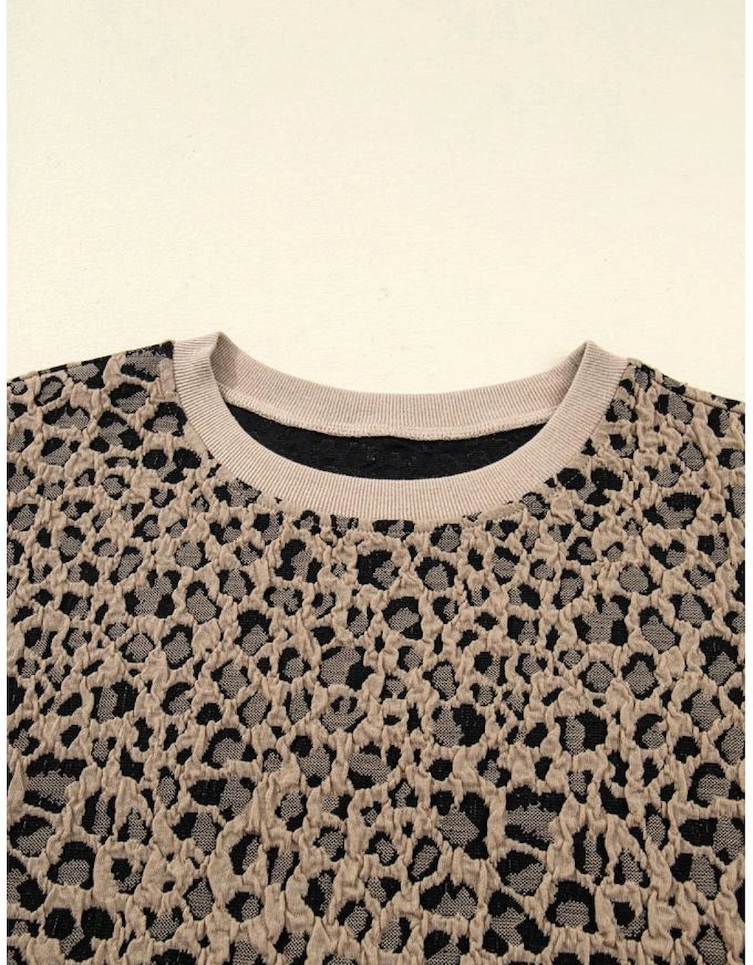 Khaki Leopard Textured Ribbed Trim Plus Size Long Sleeve Top
