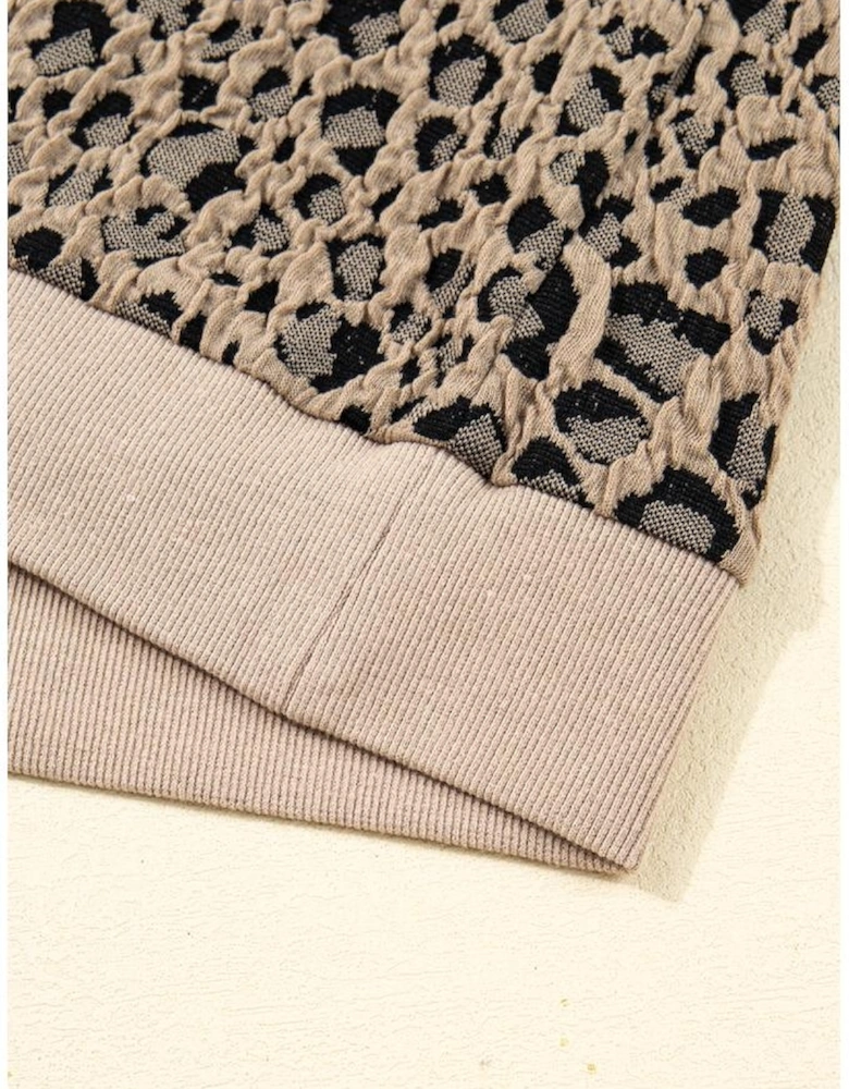 Khaki Leopard Textured Ribbed Trim Plus Size Long Sleeve Top