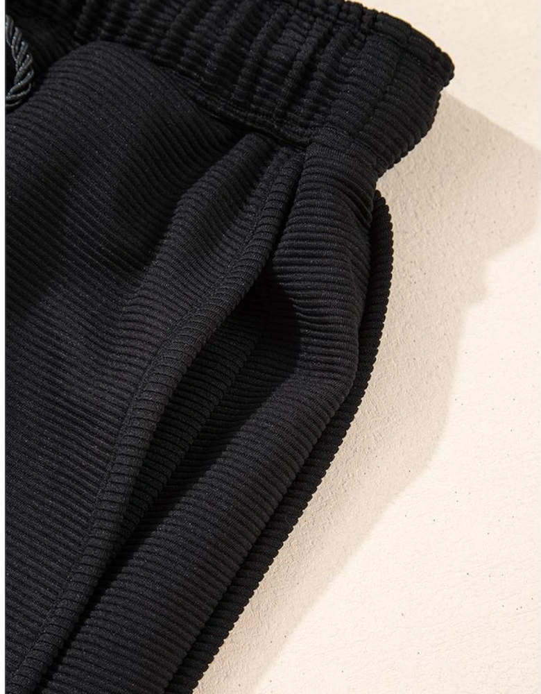 Black Textured Half Zip Kangaroo Pocket Top Drawstring Shorts Set