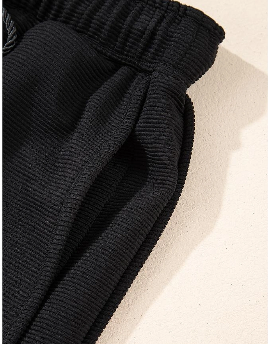 Black Textured Half Zip Kangaroo Pocket Top Drawstring Shorts Set