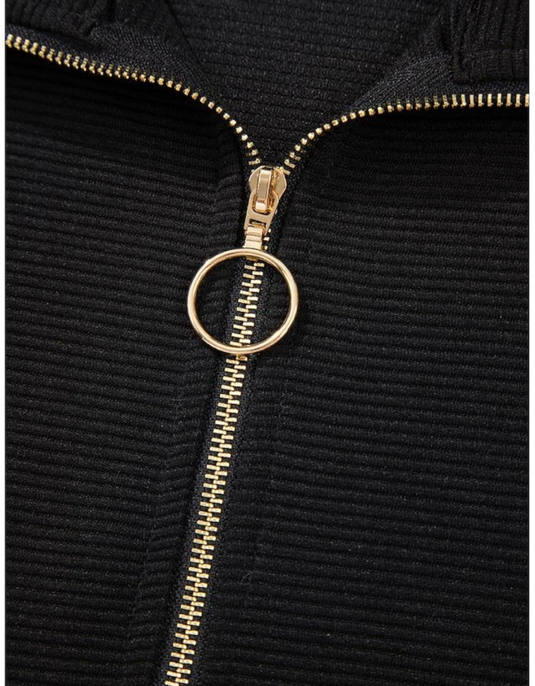 Black Textured Half Zip Kangaroo Pocket Top Drawstring Shorts Set