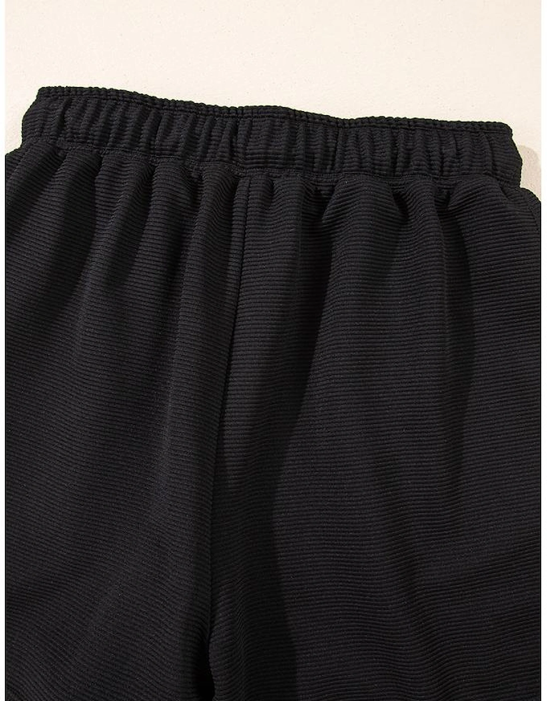 Black Textured Half Zip Kangaroo Pocket Top Drawstring Shorts Set