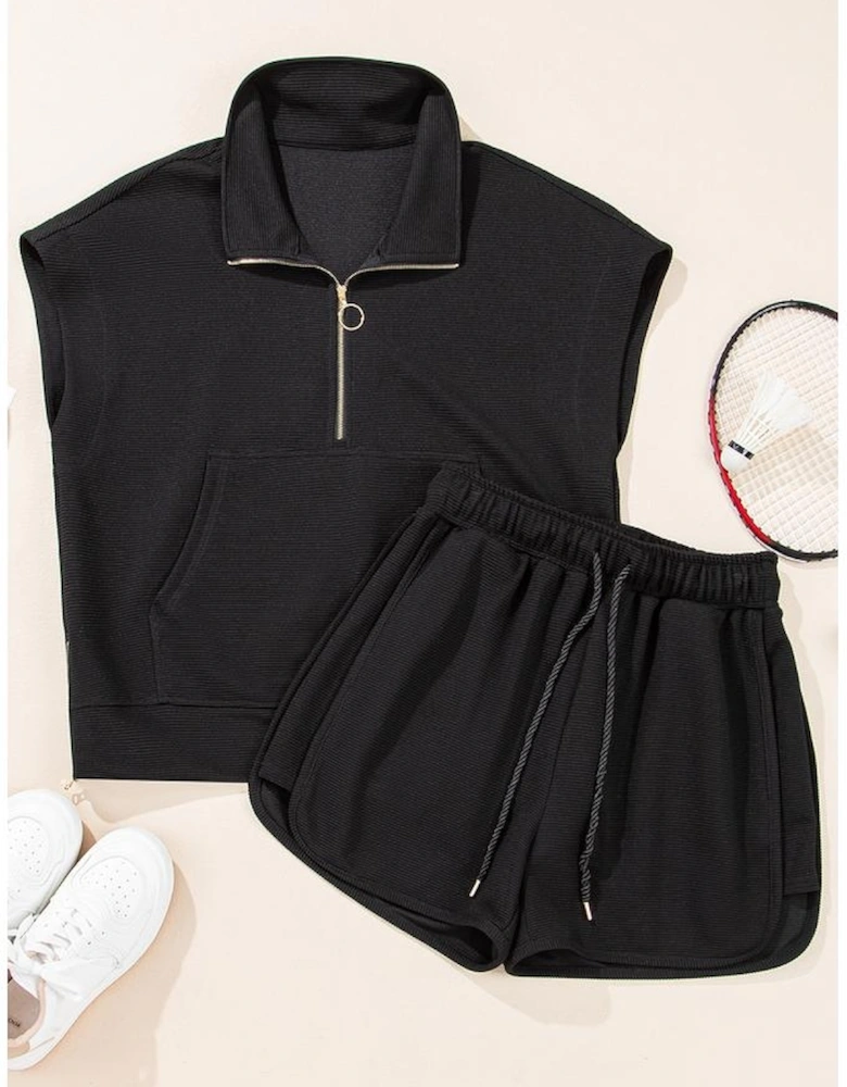 Black Textured Half Zip Kangaroo Pocket Top Drawstring Shorts Set