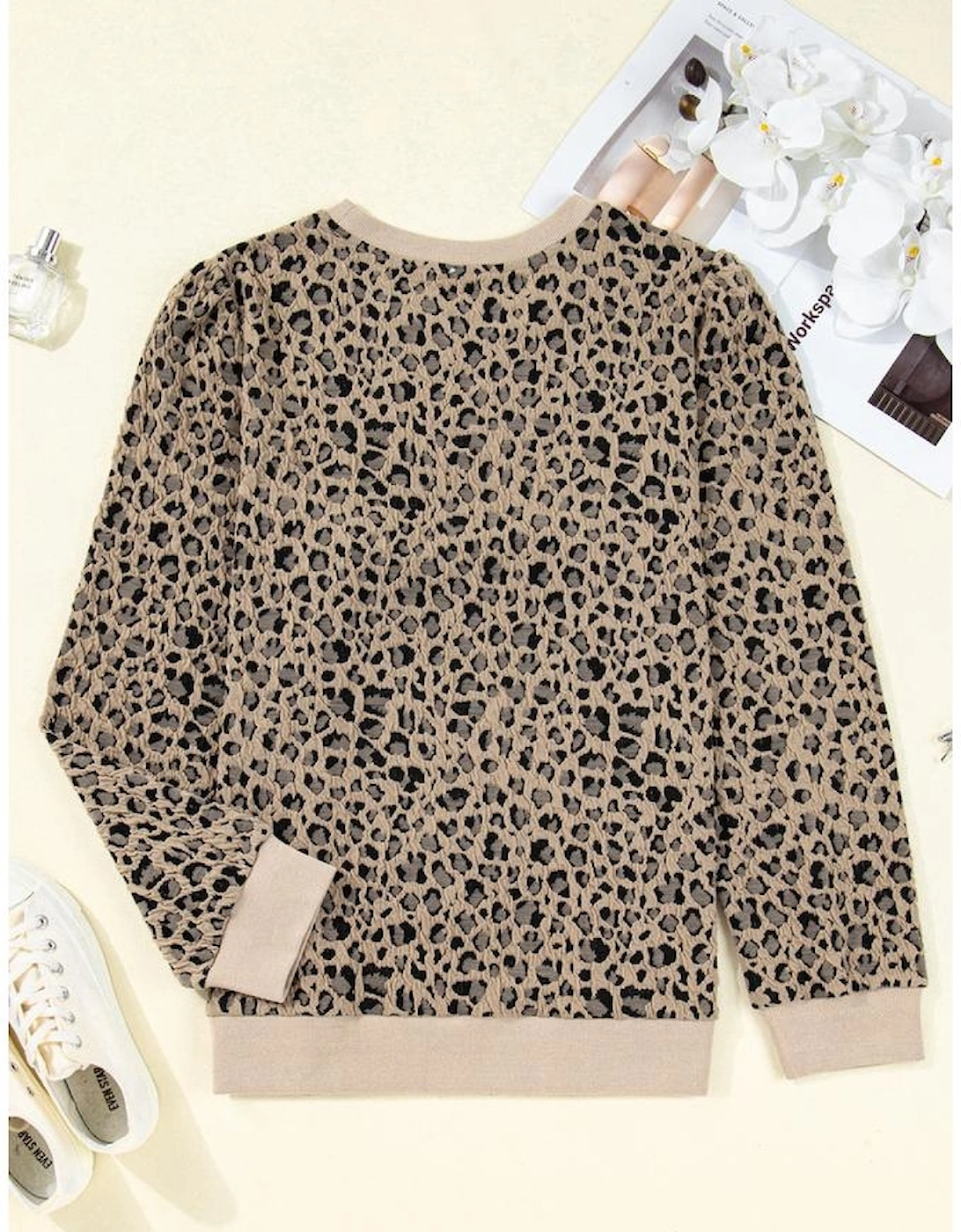 Khaki Leopard Textured Ribbed Trim Plus Size Long Sleeve Top