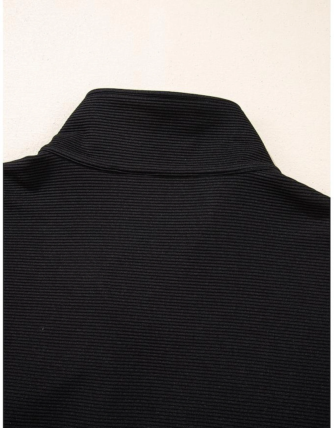 Black Textured Half Zip Kangaroo Pocket Top Drawstring Shorts Set