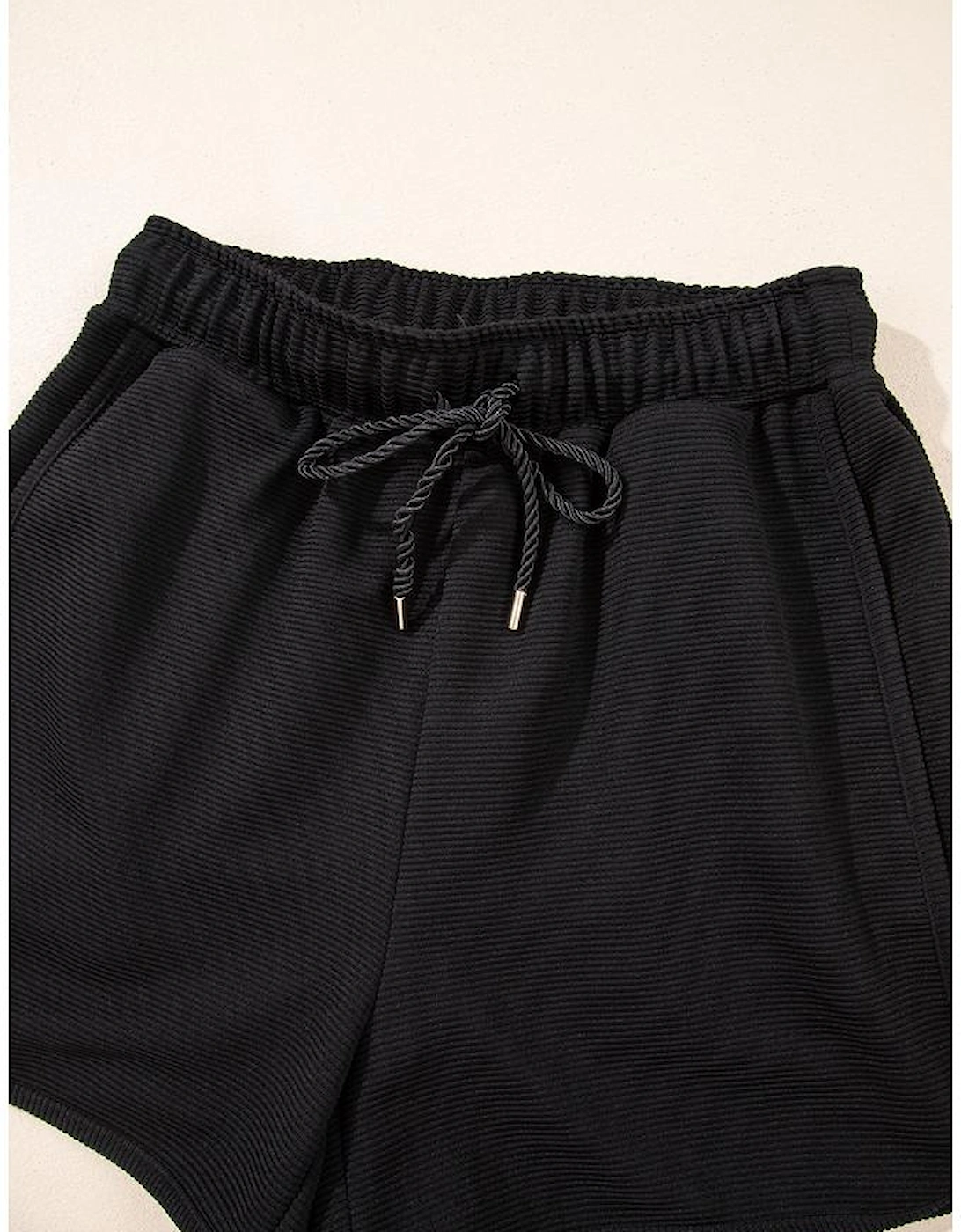 Black Textured Half Zip Kangaroo Pocket Top Drawstring Shorts Set