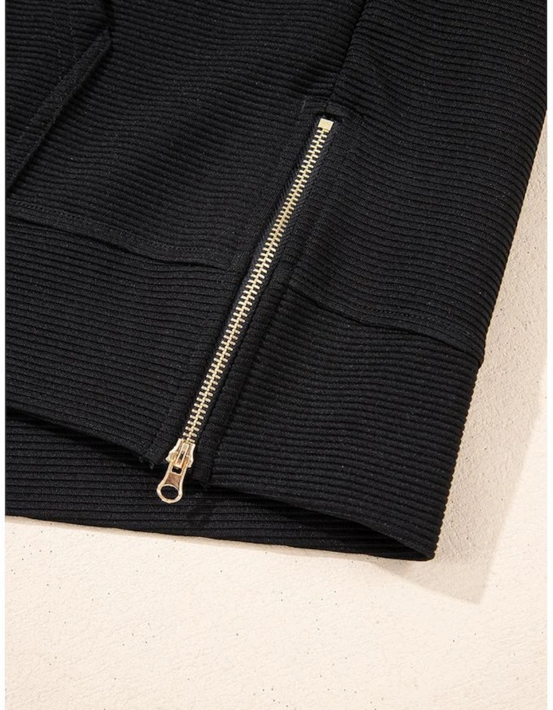 Black Textured Half Zip Kangaroo Pocket Top Drawstring Shorts Set