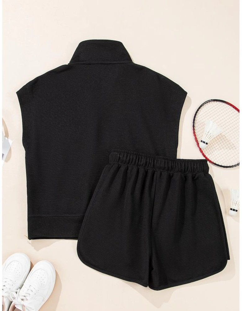 Black Textured Half Zip Kangaroo Pocket Top Drawstring Shorts Set