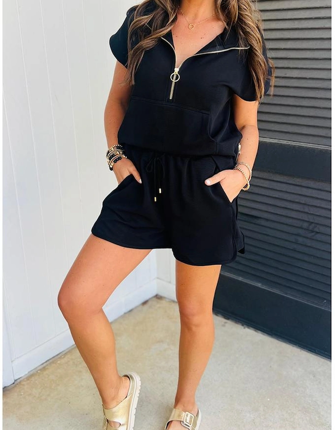 Black Textured Half Zip Kangaroo Pocket Top Drawstring Shorts Set