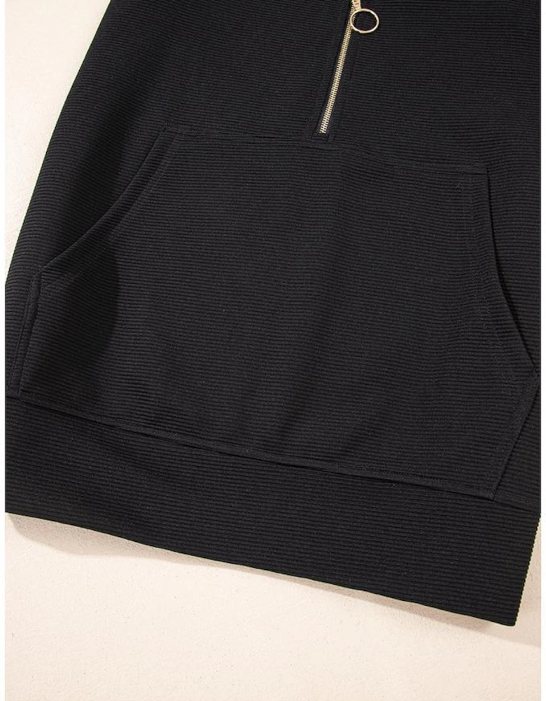 Black Textured Half Zip Kangaroo Pocket Top Drawstring Shorts Set