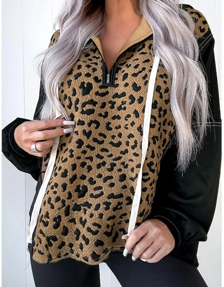 Brown Leopard Patchwork Contrast Stitching Knotted Cuff Quarter Zip Hoodie