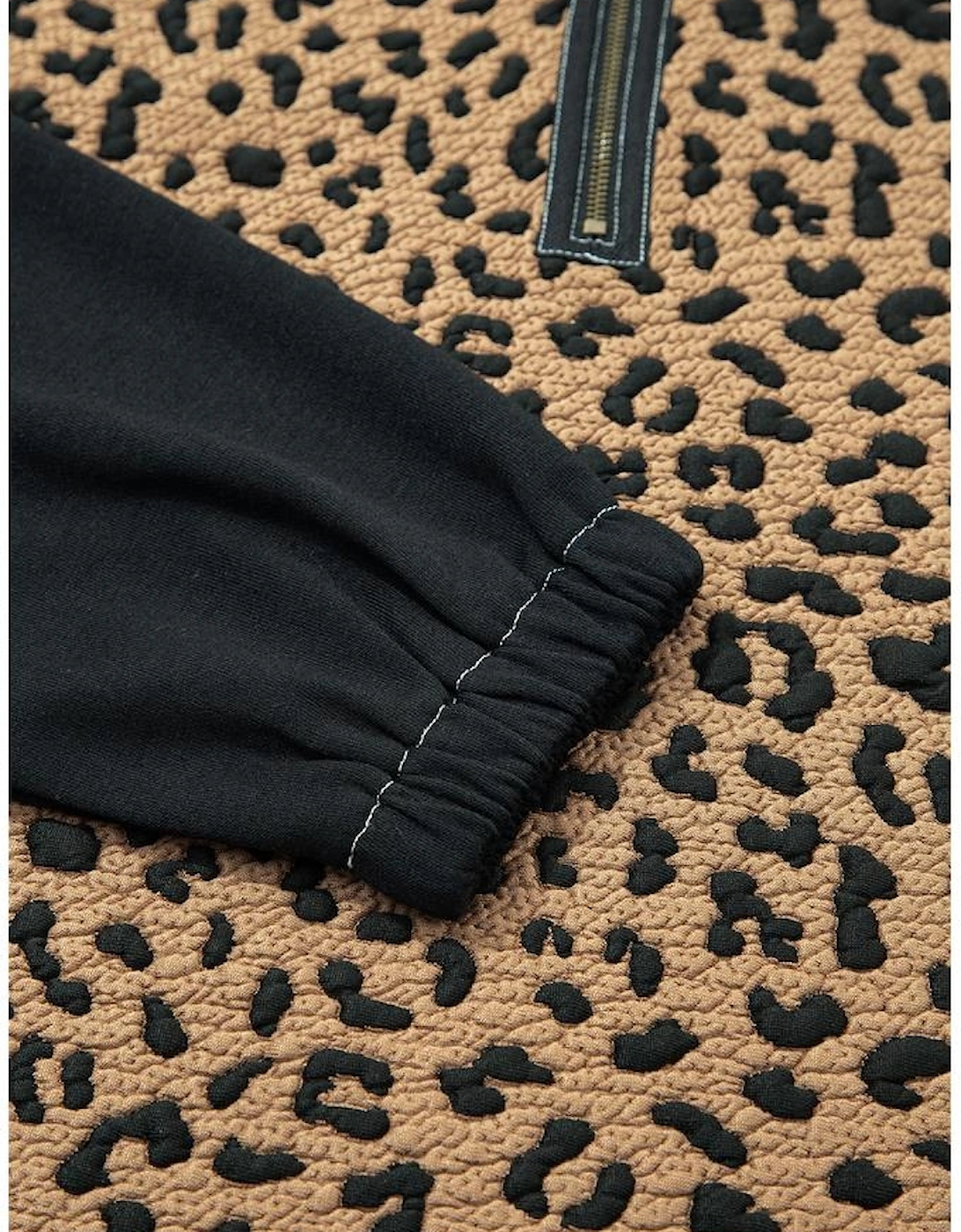 Brown Leopard Patchwork Contrast Stitching Knotted Cuff Quarter Zip Hoodie