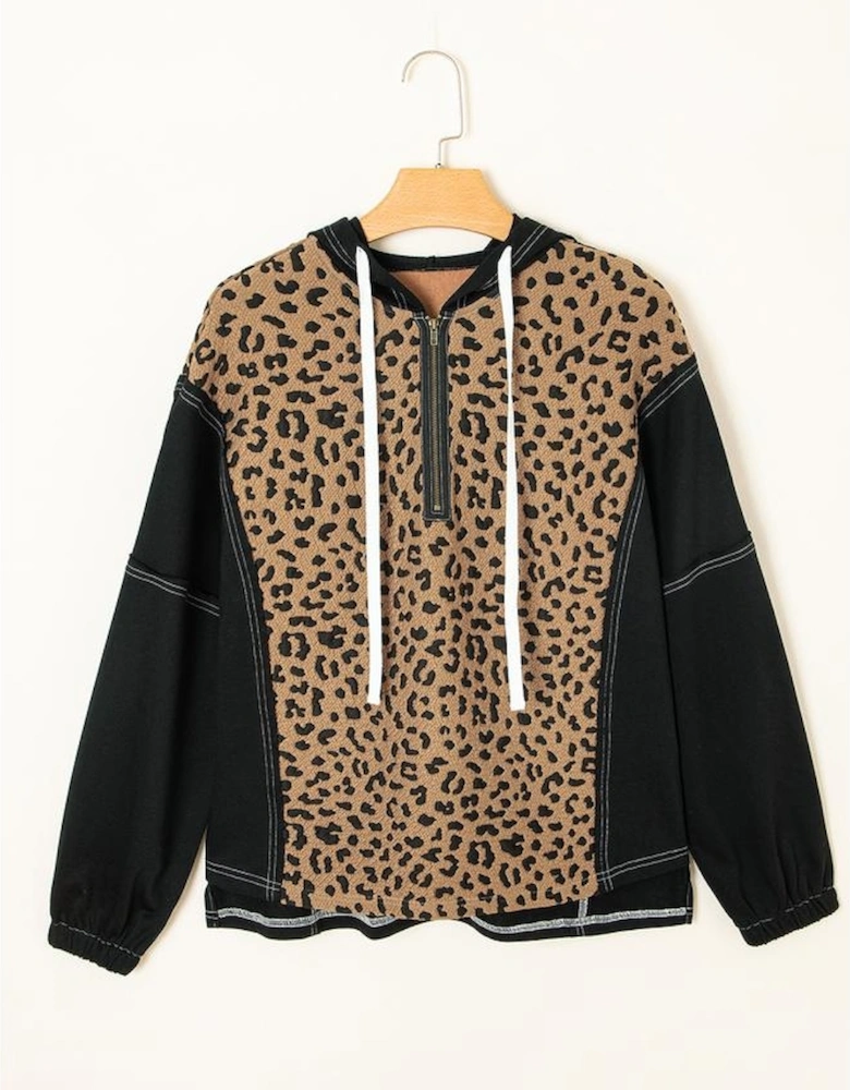 Brown Leopard Patchwork Contrast Stitching Knotted Cuff Quarter Zip Hoodie