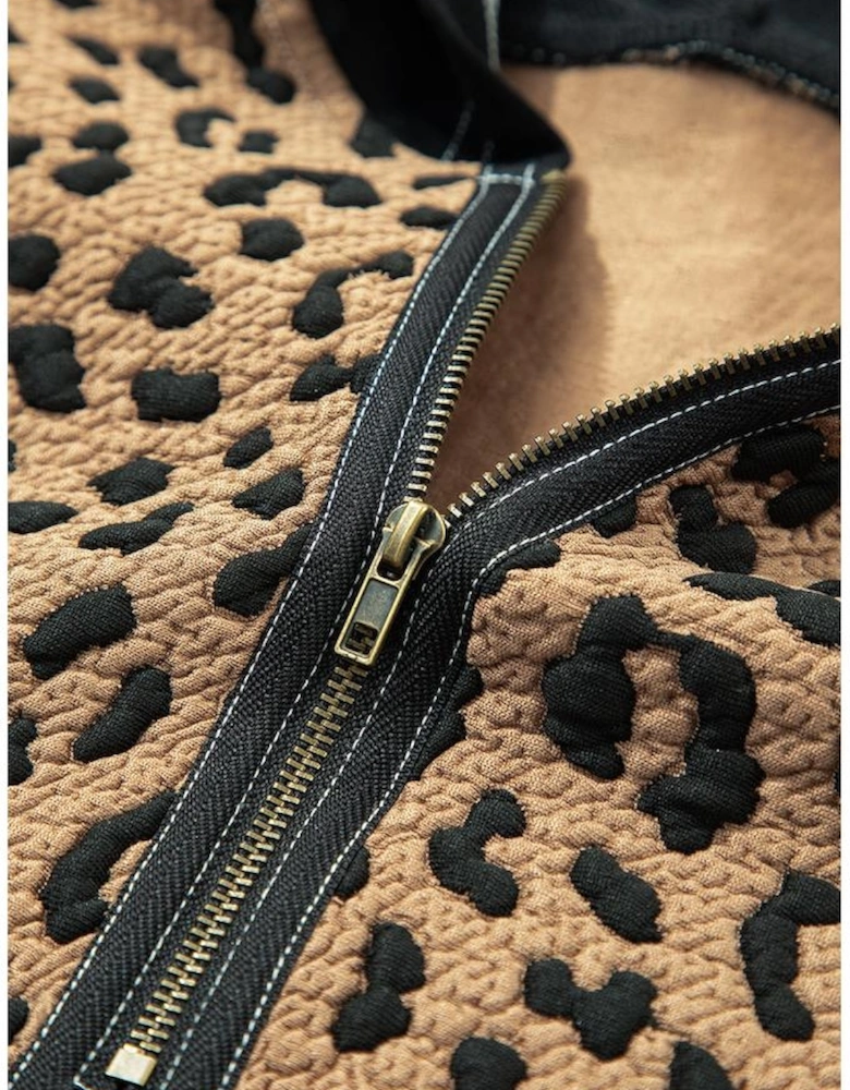 Brown Leopard Patchwork Contrast Stitching Knotted Cuff Quarter Zip Hoodie