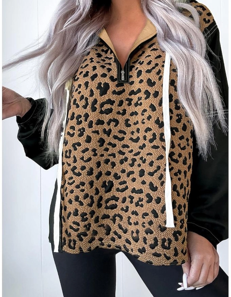 Brown Leopard Patchwork Contrast Stitching Knotted Cuff Quarter Zip Hoodie