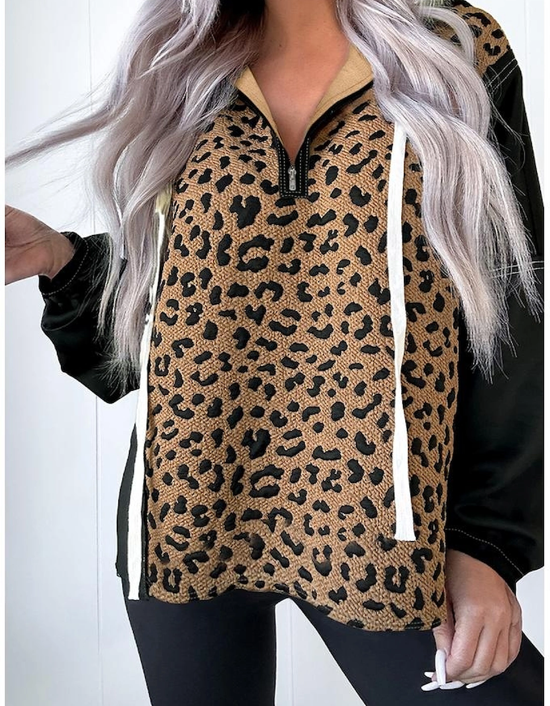 Brown Leopard Patchwork Contrast Stitching Knotted Cuff Quarter Zip Hoodie