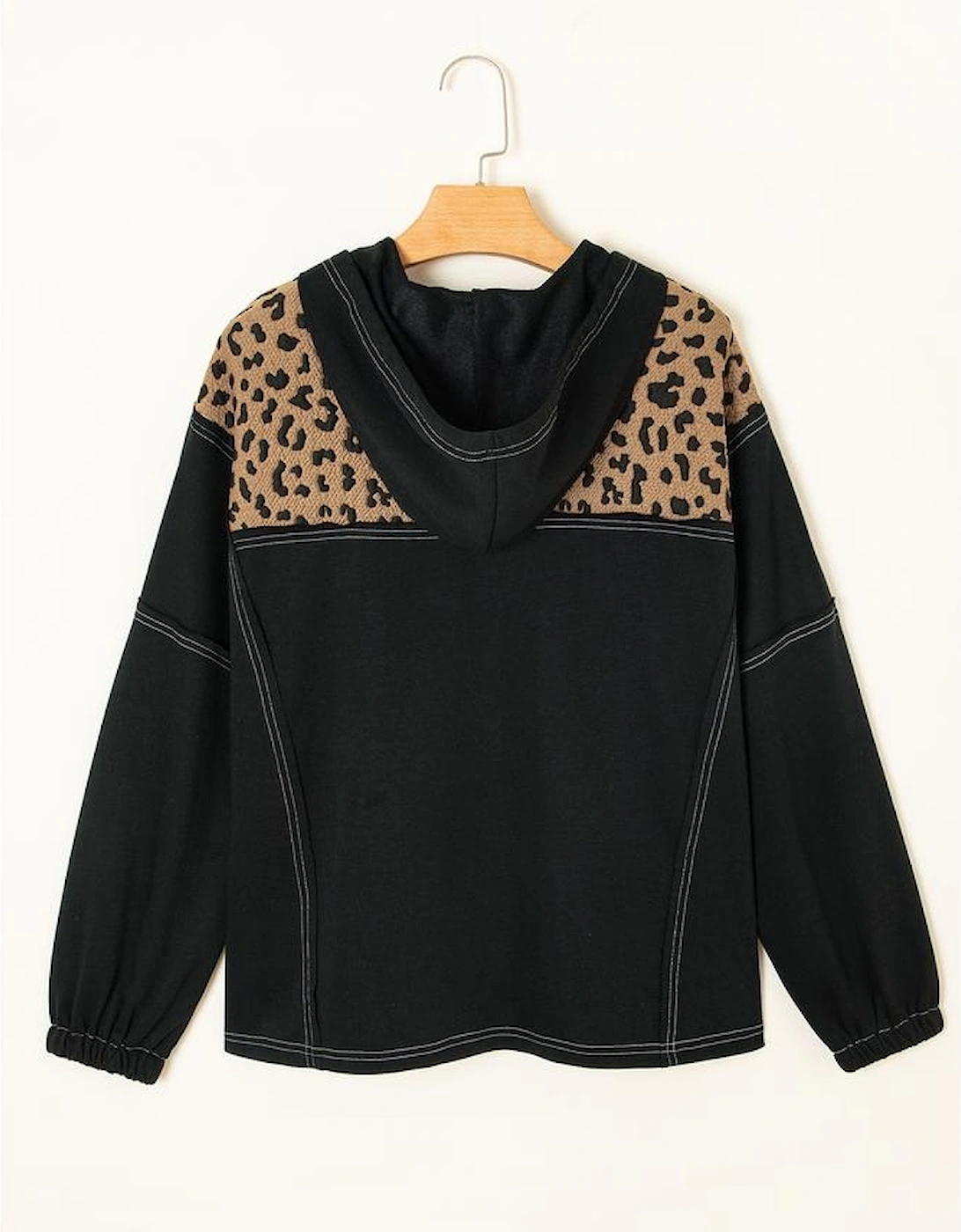 Brown Leopard Patchwork Contrast Stitching Knotted Cuff Quarter Zip Hoodie
