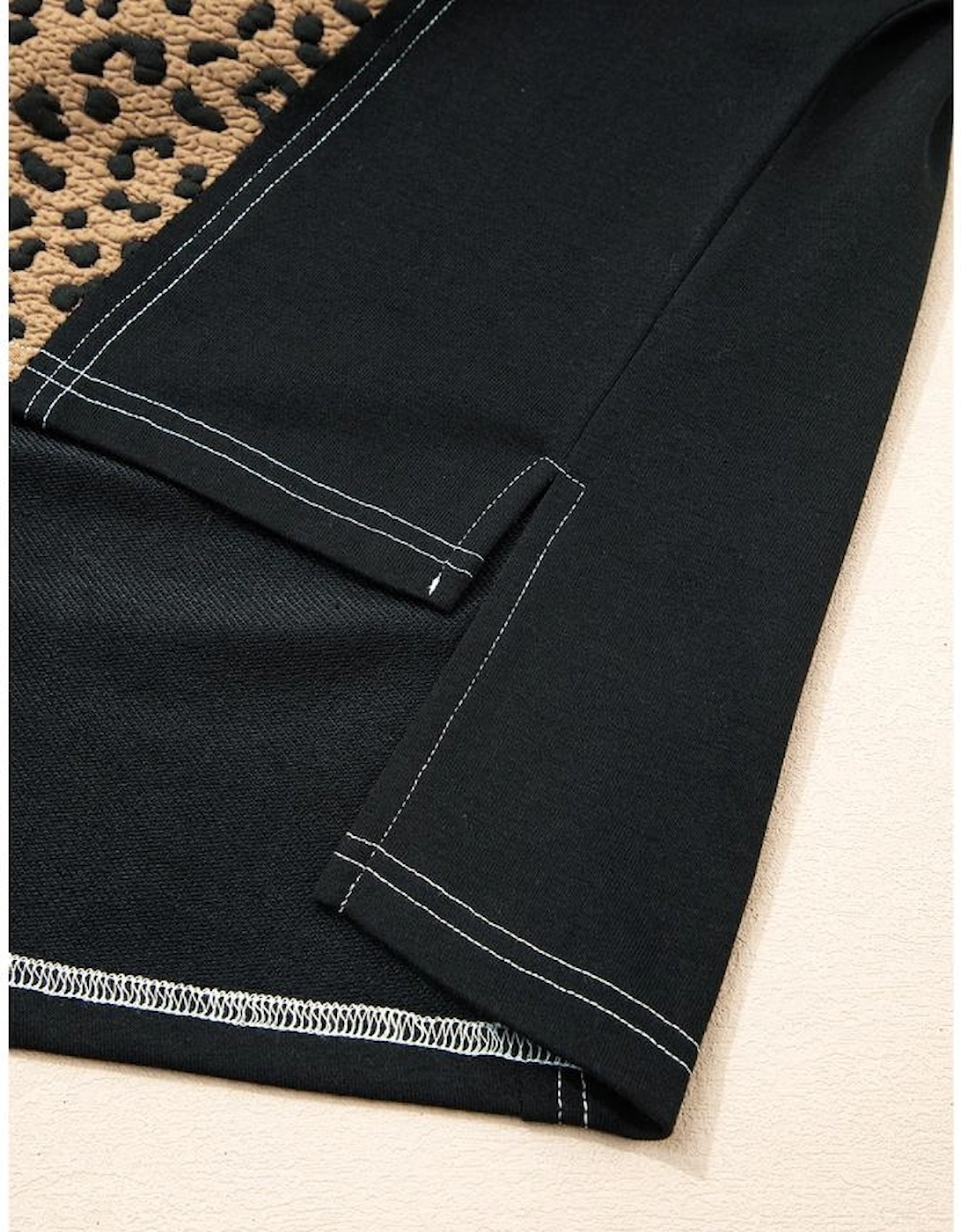 Brown Leopard Patchwork Contrast Stitching Knotted Cuff Quarter Zip Hoodie