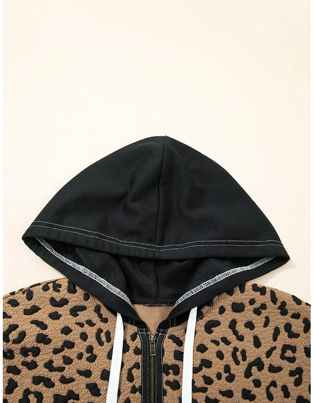 Brown Leopard Patchwork Contrast Stitching Knotted Cuff Quarter Zip Hoodie